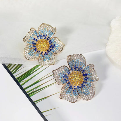 gradient colored zircon large flower earrings earrings with micro inlaid diamond heavy industry