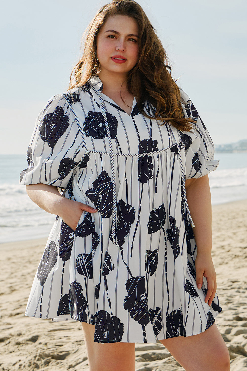 Black Plus Size Floral 3/4 Puff Sleeve Lace-up Neck Mini Dress