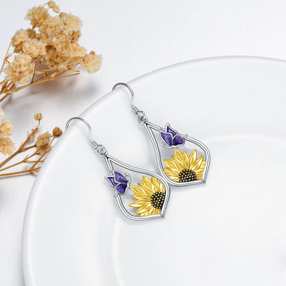 Sterling Silver Sunflower Dangle Earrings with Purple Butterfly Gift for Women