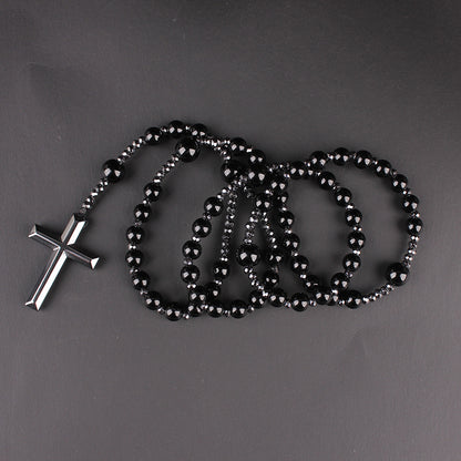 Natural Round Beads Long Chain Haematite Cross Beads Men's Necklace