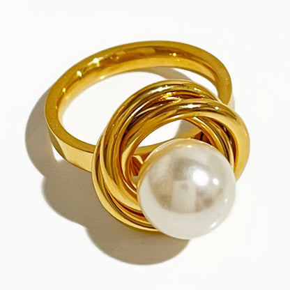 Elegant Stainless Steel Wire Wrapped Faux Pearl Ring Women Classic Gold Pvd Plated Waterproof Rings Birthday Gifts