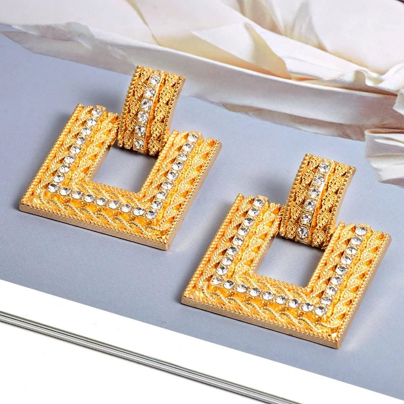 New Arrive Gold Color Metal Square Rhinestone Dangle Earrings High-Quality Fashion Pendientes Jewelry Accessories For Women