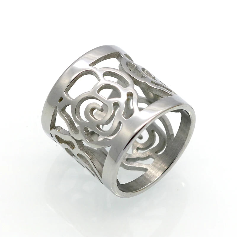 New Arrival Top Quality Rose Flower Hollowing Craft Gold Color Ring Fashion Brand Jewelry Stainless Steel