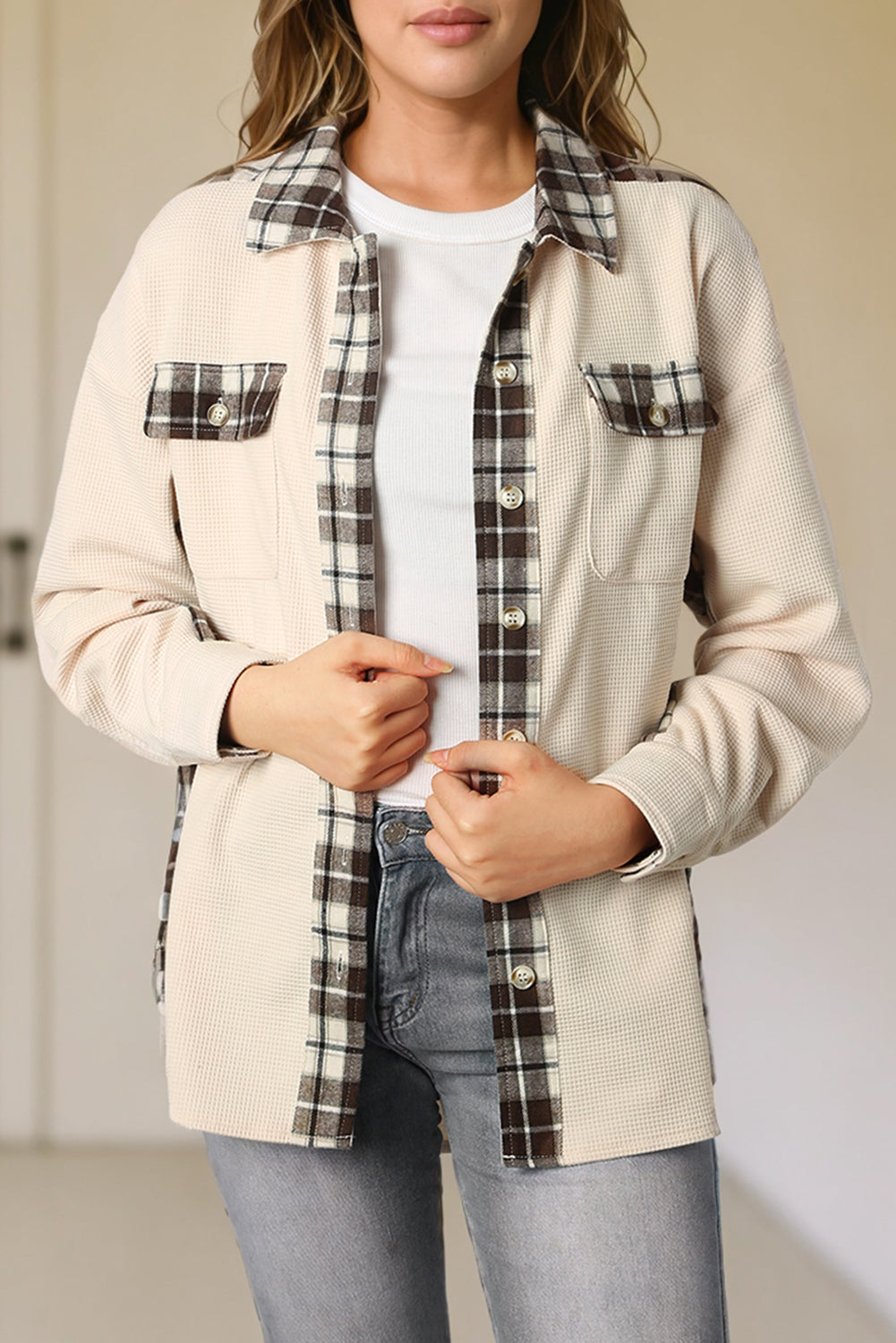 Apricot Plaid Patchwork Waffle Thermal Knit Shacket