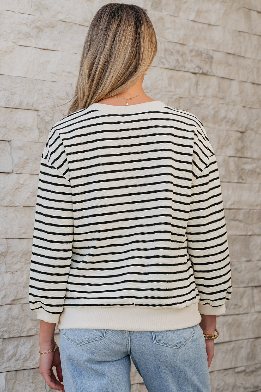 Black white Striped Big Flower Patched 3/4 Sleeve Top