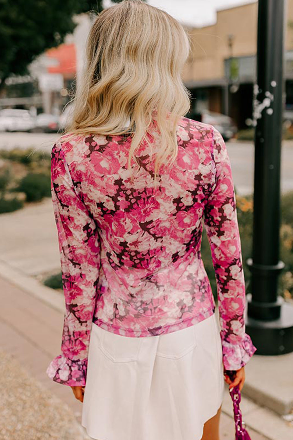 Rose Floral Mesh Flounce Sleeve Mock Neck Blouse