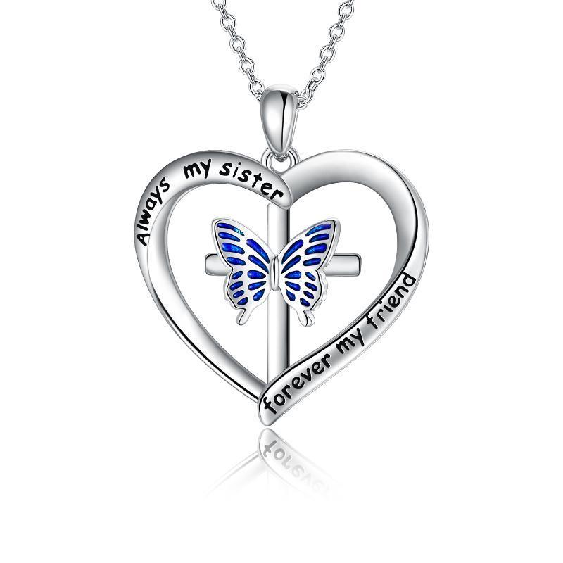 Butterfly Heart Pendant Necklace in White Gold Plated Sterling Silver