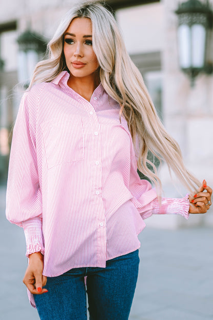 Pink Smocked Cuffed Striped Boyfriend Shirt with Pocket