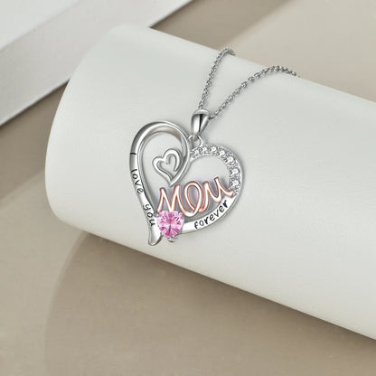 Mom Necklace S925 Sterling Silver Heart CZ Pink Stone Love Mum Pendant Birthstone Jewelry for Women Mother Gifts