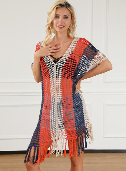 Multicolor Striped Tassel Crochet V Neck Beach Cover Up