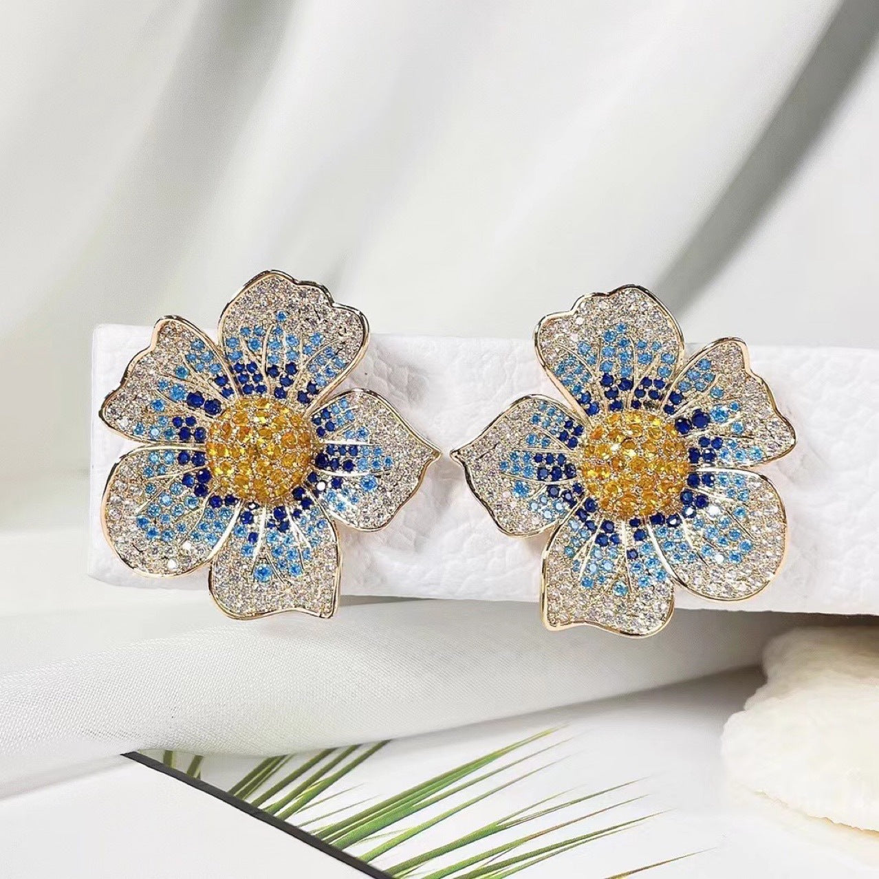 gradient colored zircon large flower earrings earrings with micro inlaid diamond heavy industry