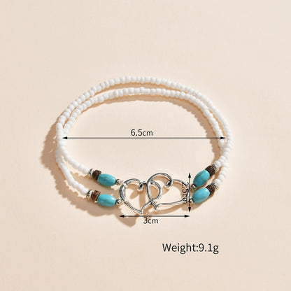 Alloy Double Heart Rice Bead Turquoise Double-layer Elastic Ankle Chain