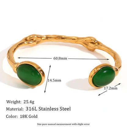 Oval Natural Stone Open Irregular Green Agate Pink Crystal Bracelet 18K Gold Plated 316L Stainless Steel Bracelets for Women