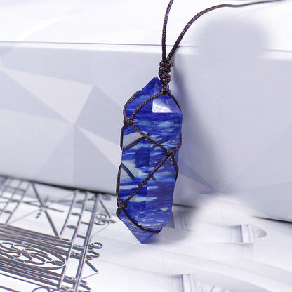 Double pointed crystal hexagonal prism hand woven mesh bag pendant necklace European and American