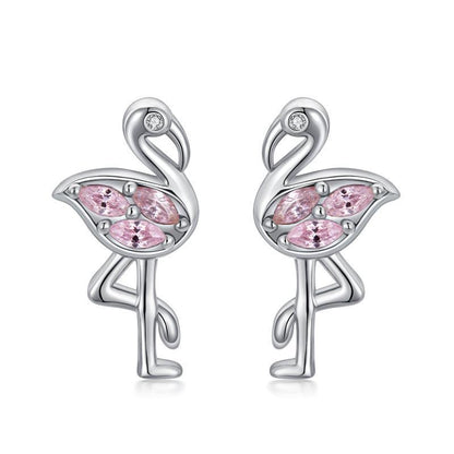 Pink Flamingo CZ Stud Earrings in White Gold Plated Sterling Silver