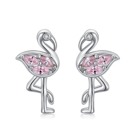 Pink Flamingo CZ Stud Earrings in White Gold Plated Sterling Silver