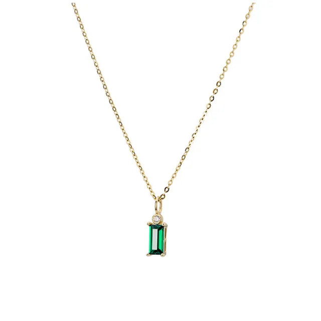 925 Sterling Silver 14K Gold Plated Emerald Green  Mini Rectangle Zircon Necklace Female Korean Style Pendant Necklace