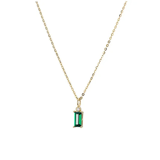 925 Sterling Silver 14K Gold Plated Emerald Green  Mini Rectangle Zircon Necklace Female Korean Style Pendant Necklace