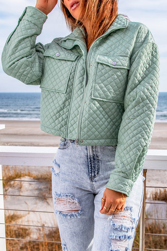 Green Quilted Pocketed Zip-up Cropped Jacket