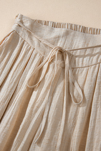 Beige Drawstring Waist Pleated Wide Leg Casual Pants