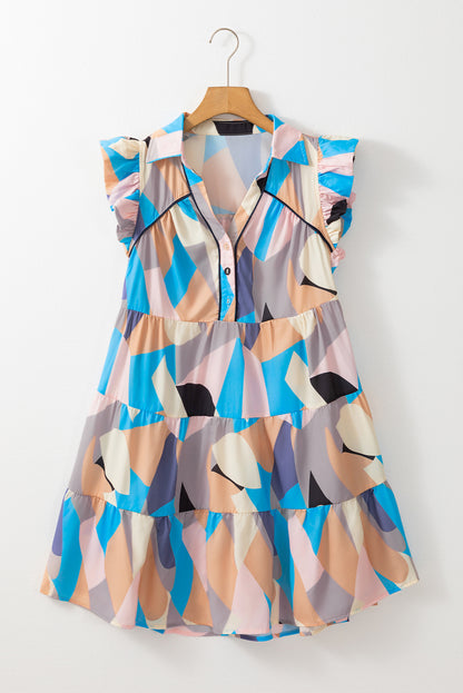 Sky Blue Geometric Print Ruffled Cap Sleeve Collared Mini Dress