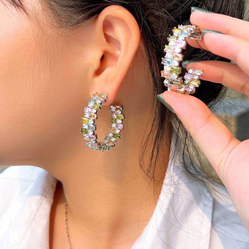 Heavy Industry Colored C-Ring Earrings, Temperament Candy, Square Zircon, Irregular Colored Diamonds, Show Face Small Earrings