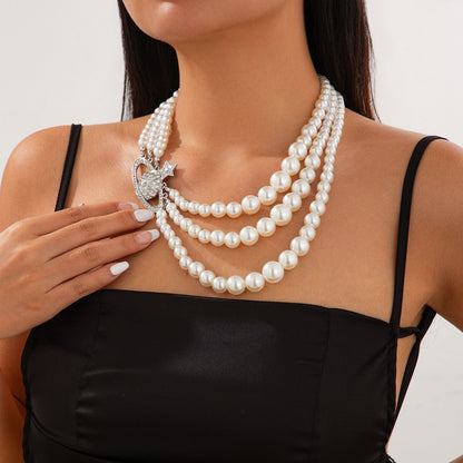 Fashionable imitation pearl multi-layer necklace, light luxury style alloy bead collarbone chain for women