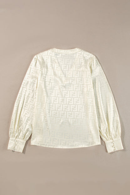 Oatmeal Geometric Jacquard V Neck Bishop Sleeve Blouse