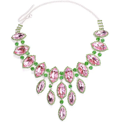 Exaggerated Geometric Pink and Green Rhinestone Necklace for Women Fashion Big Choker Necklace for Gift Drag Queen Jewelry