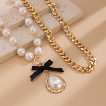 Fashionable alloy bead multi-layer necklace, light luxury Feng Shui droplet shaped pearl pendant