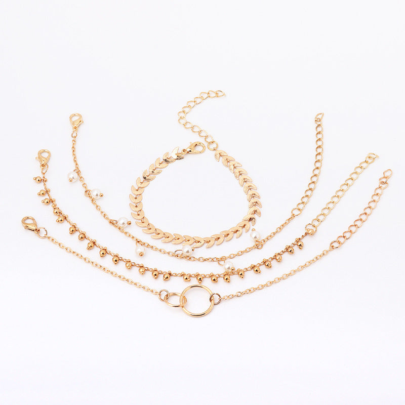 Simple Geometric Circle Wheat Ear Pearl Pendant 4-piece Set Bracelet