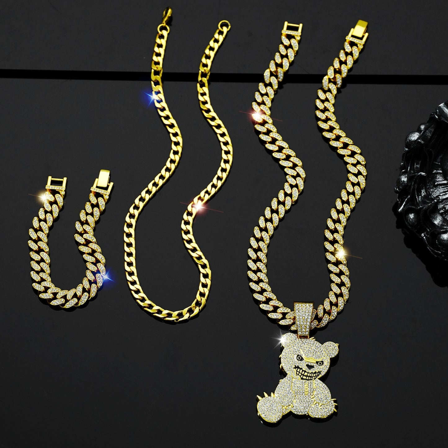 Fashion Jewelry Fully-jewelled Bear Pendant Necklace Bracelet Three-piece Set