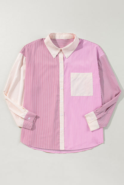 Pink Stripe Print Colorblock Plus Size Shirt