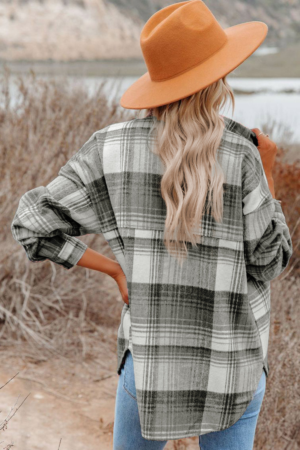 Medium Grey Plaid Flap Pockets Shacket