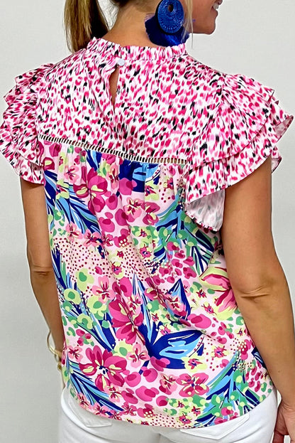 Pink Floral Mixed Print Ruffle Cap Sleeve Blouse