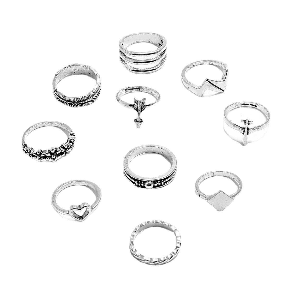 Hollow Silver Small Flower Airplane Wave Geometry Set Of 10 Rings