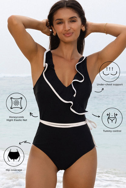 Black Color Contrast Ruffled Wrap V Neck Swimsuit