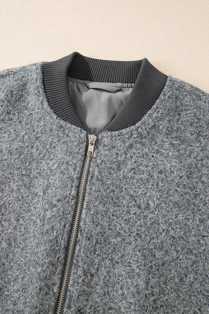 Medium Grey Fuzzy Zip Up Pocketed Sleeve Jacket