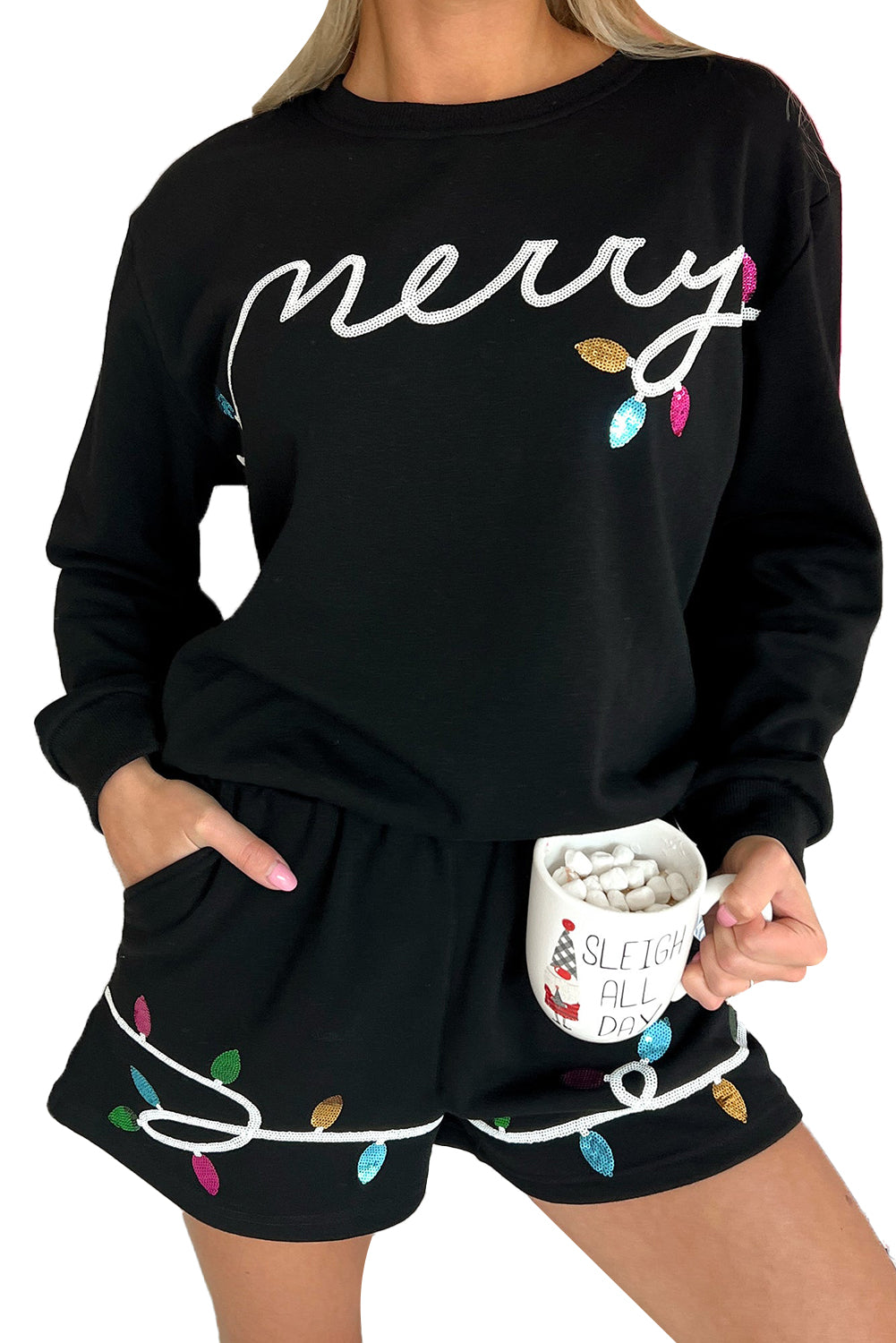 Black Sequin Merry Graphic Pullover and Shorts Outfit