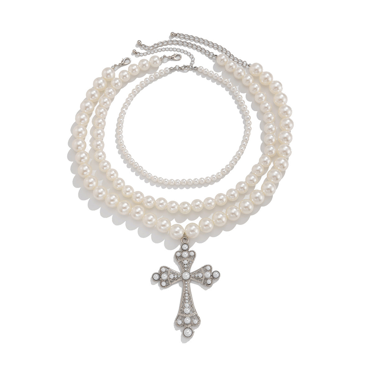 Punk Pearl Multi layer Necklace Set with Personalized Hollow Cross Stacked Collarbone Chain