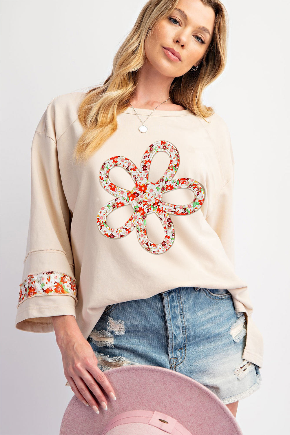 Beige Flower Patch Graphic Exposed Seam Wide Sleeve Top