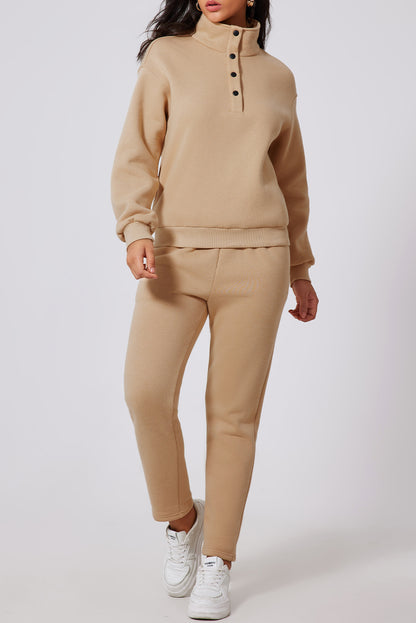 Parchment Solid Half Button Sweatshirt and High Waist Sweatpants Set