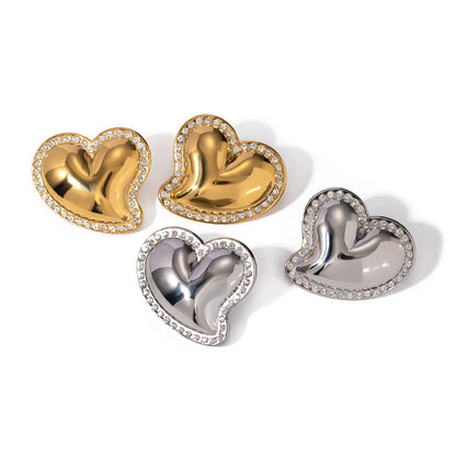 White rhinestone smooth slanted heart-shaped earrings