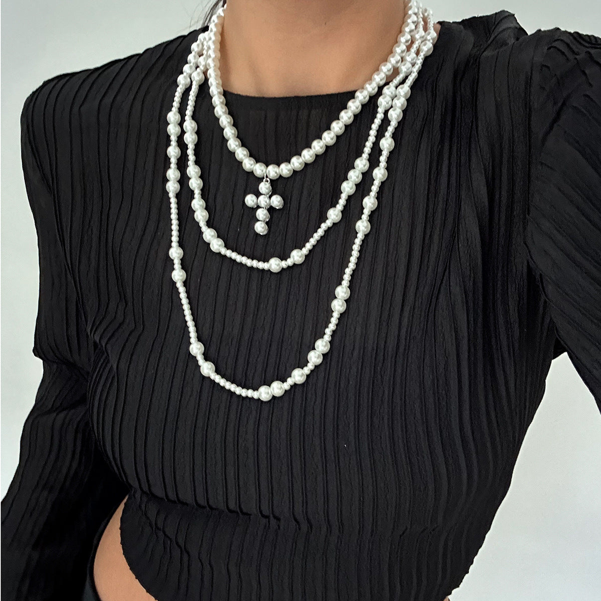 Cold wind imitation pearl tassel multi-layer necklace geometric cross pendant collarbone chain