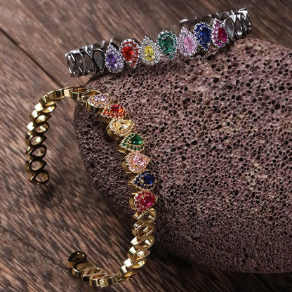 Copper inlaid colored zircon water droplet shaped bracelet with adjustable opening for women