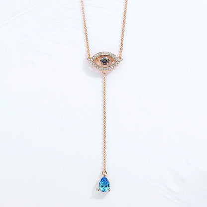 925 Sterling Silver Necklace Women Water Drop Pendant Evil Eye Necklace Blue Zircon Long Chain Turkey Jewelry