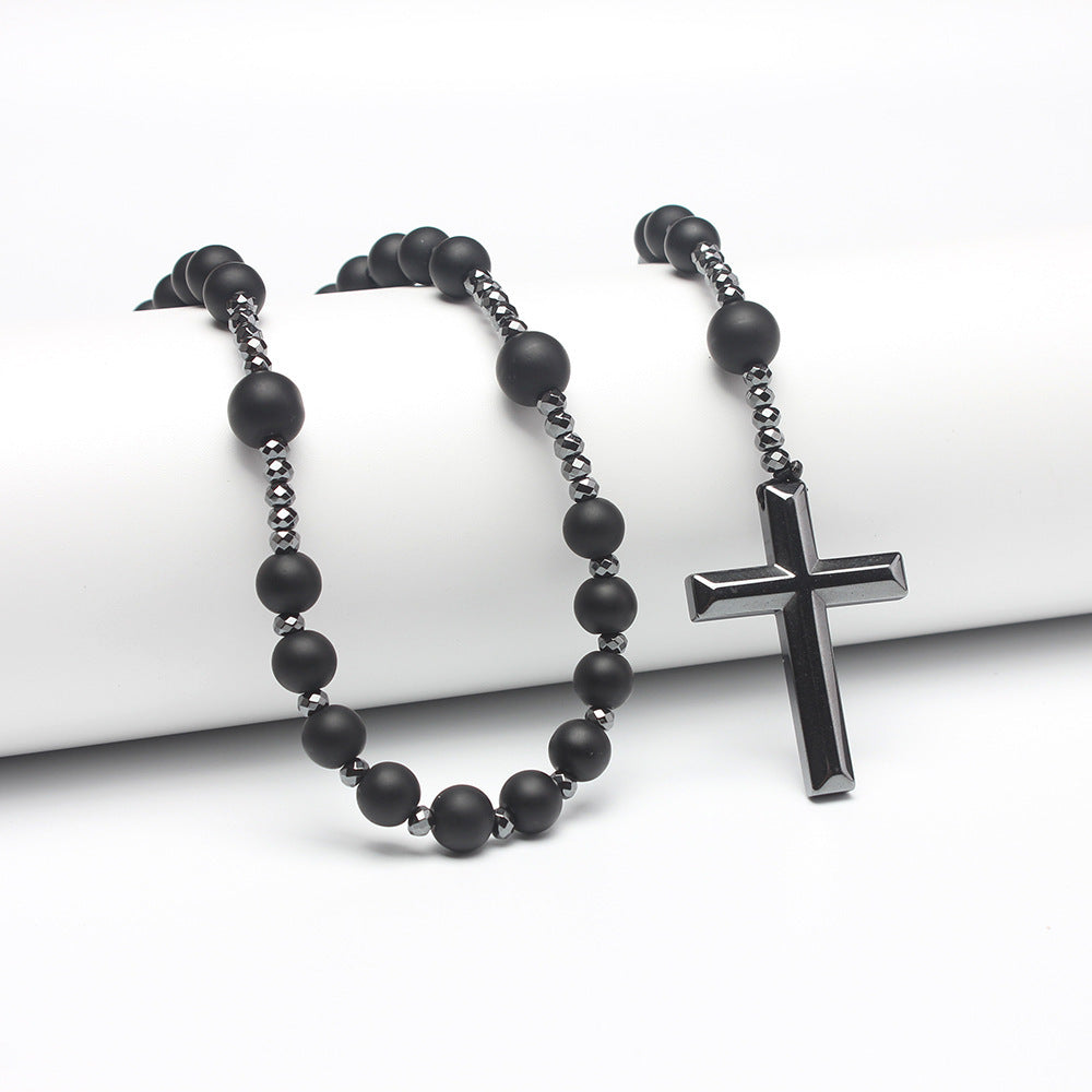 Natural Round Beads Long Chain Haematite Cross Beads Men's Necklace