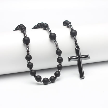 Natural Round Beads Long Chain Haematite Cross Beads Men's Necklace