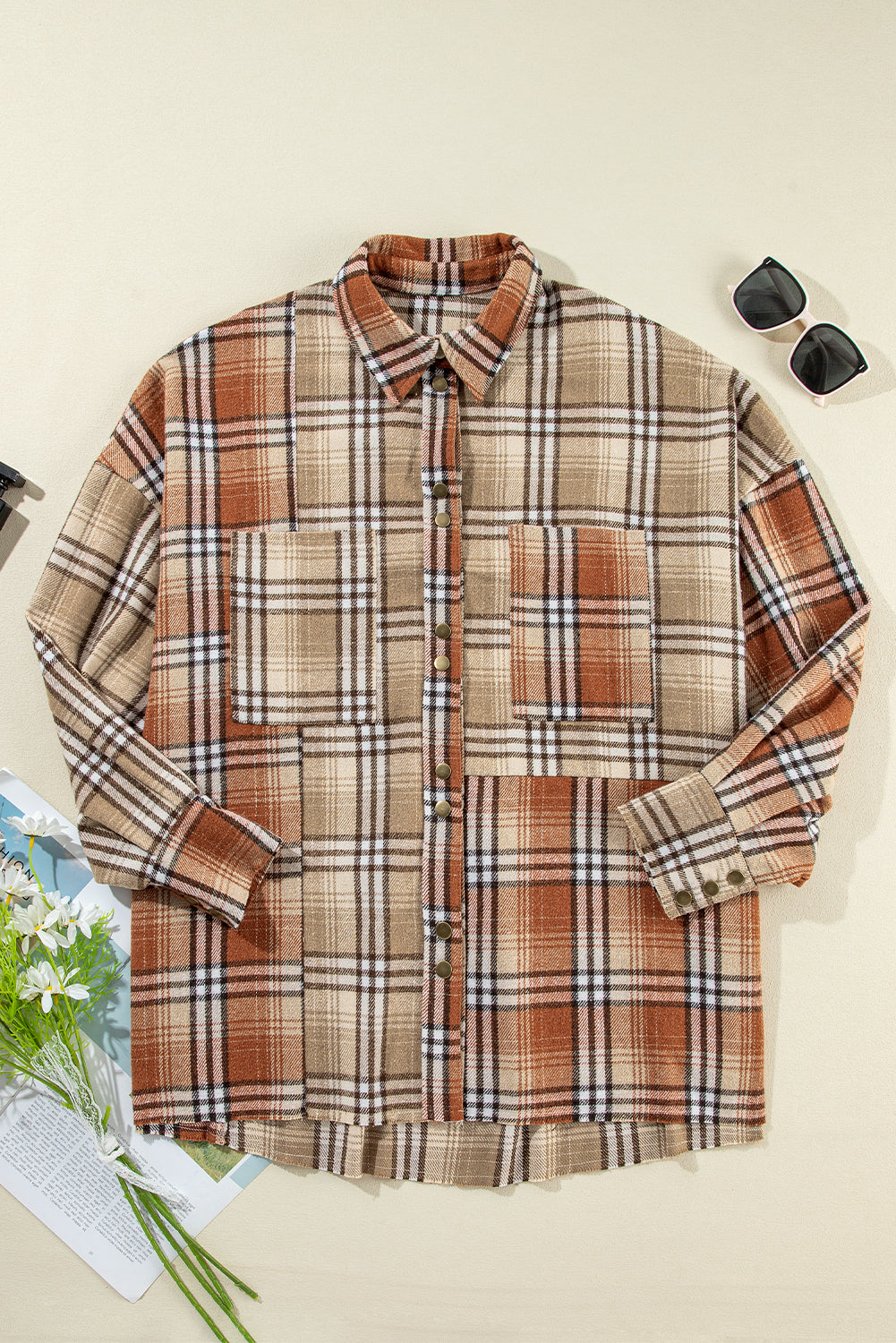 Khaki Plaid Colorblock Patchwork High Low Shacket