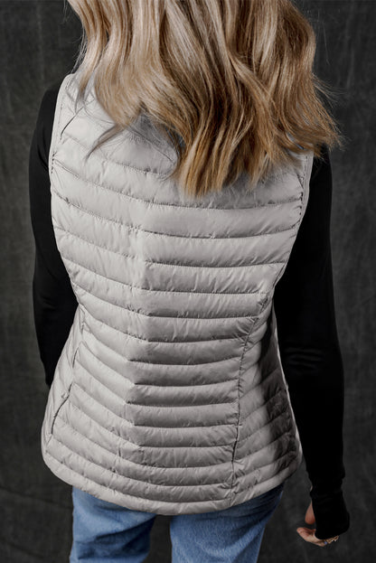 Silvery Plush Collared Quilted Zipped Puffer Vest